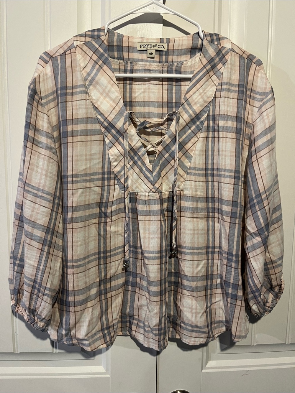 Frye Plaid Lace-Up Peasant Blouse in Pink and Blue